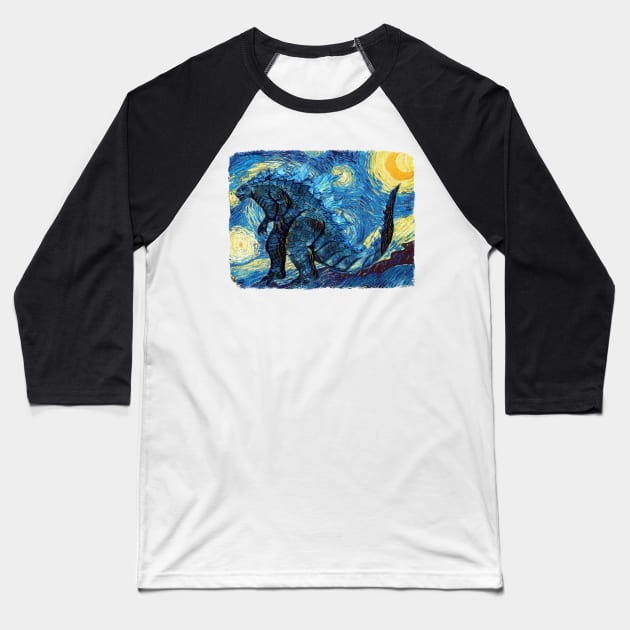 Godzilla Van Gogh Style Baseball T-Shirt by todos